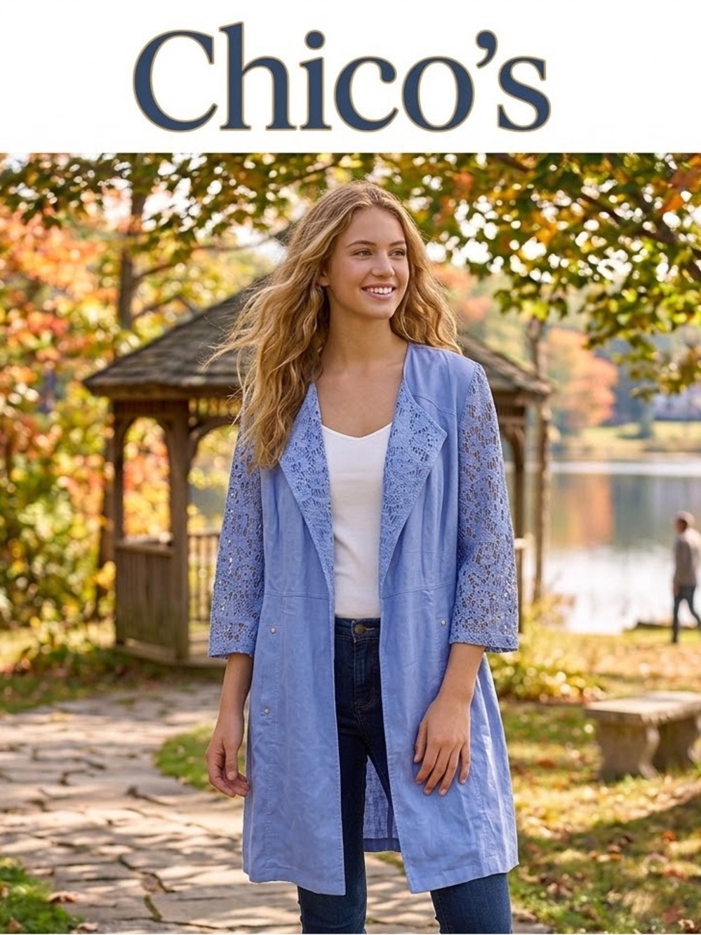 Chico's Light Blue Lace-Sleeve Longline Trench Coat